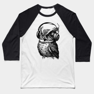 Owl Drawing Wearing Headphones Baseball T-Shirt